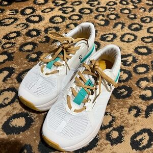 On Running White and Teal Athletic Sneakers